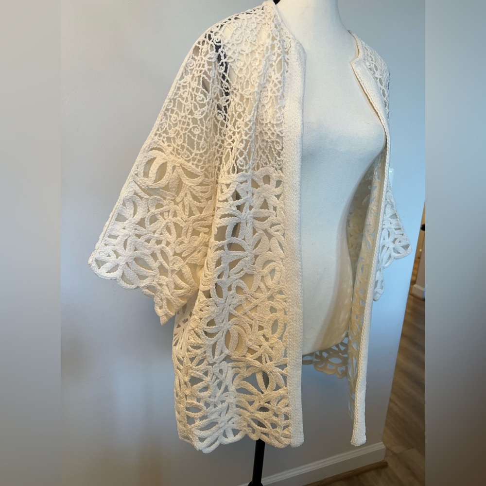 Per Se Carlisle White Lace Open Front Jacket Cardigan Elegant Floral Lace Size S